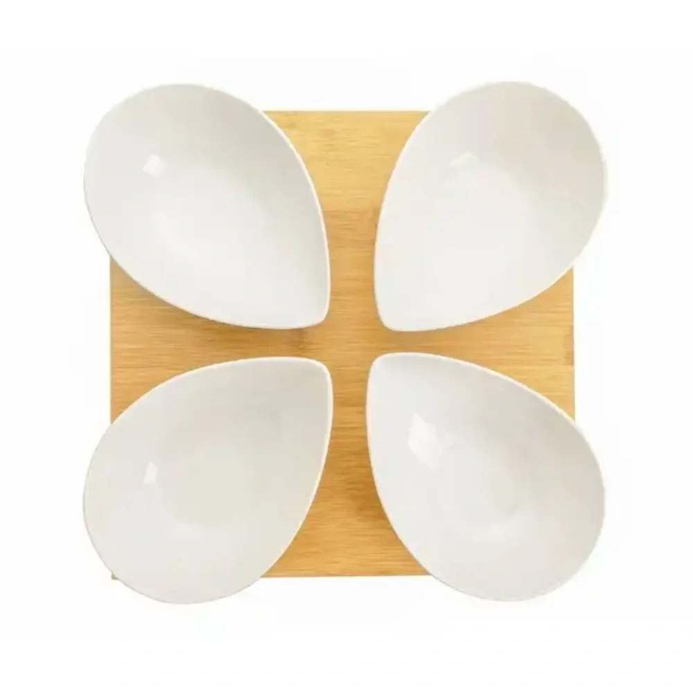 Ceramic Dipping Bowls with Wood Serving Tray